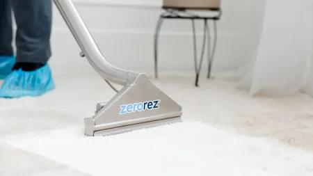Close-up of Zerorez carpet cleaning in action on a white carpet.